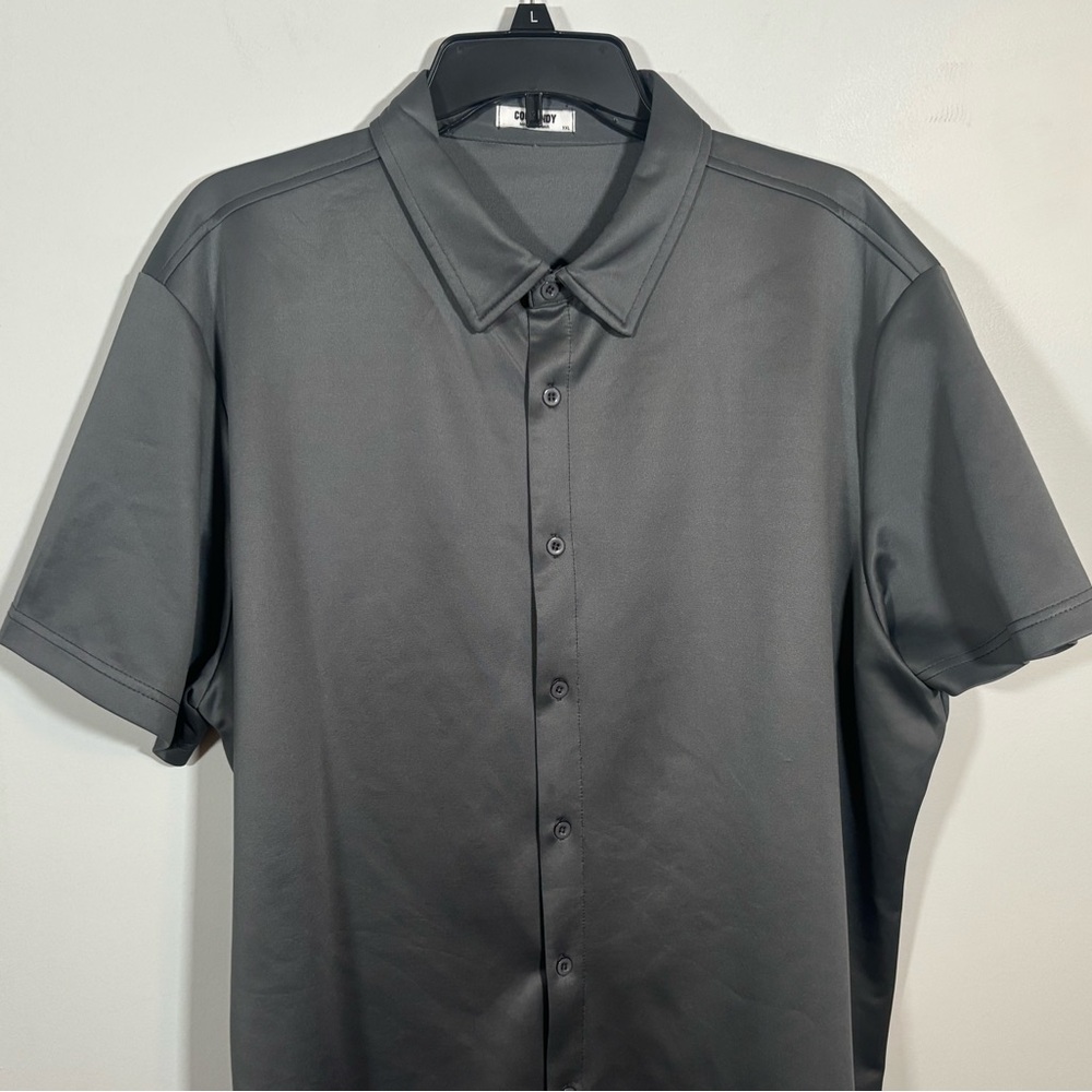 COOFANDY XXL Gray Button Down Shirt Stretch Short Sleeve Casual - Picture 2 of 9